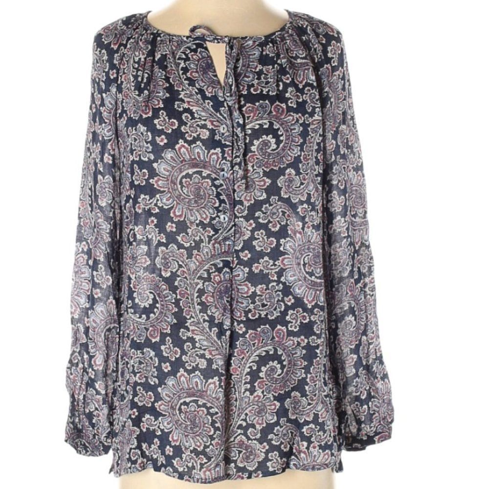 Lucky Brand Blue Paisley Tie Neck Blouse Size Small